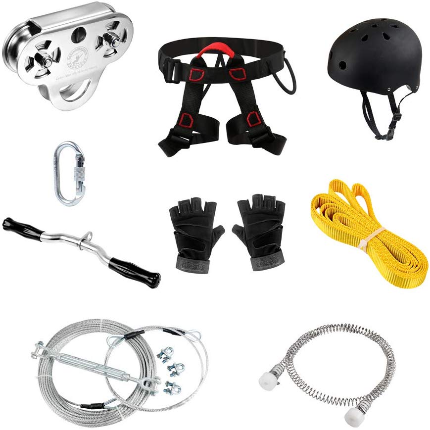CTSC 150ft Heavy Duty Zip Line Kit for Kids or Adults (up to 350 lbs)  Zipline with All The Harnesses Spring Brake Max Cable 16MM